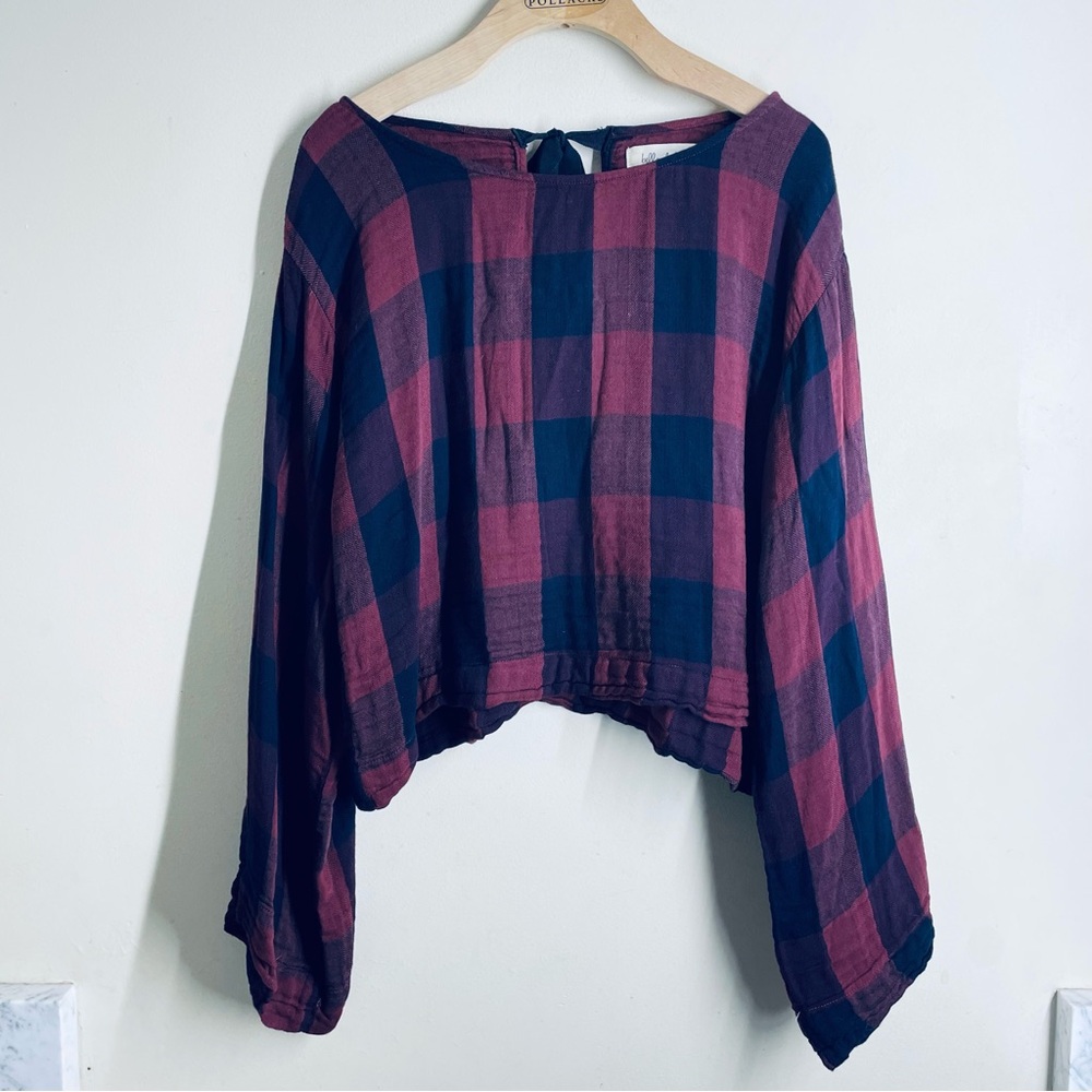 Bella Dahl Plaid Bell Sleeve Tie Back Top size S